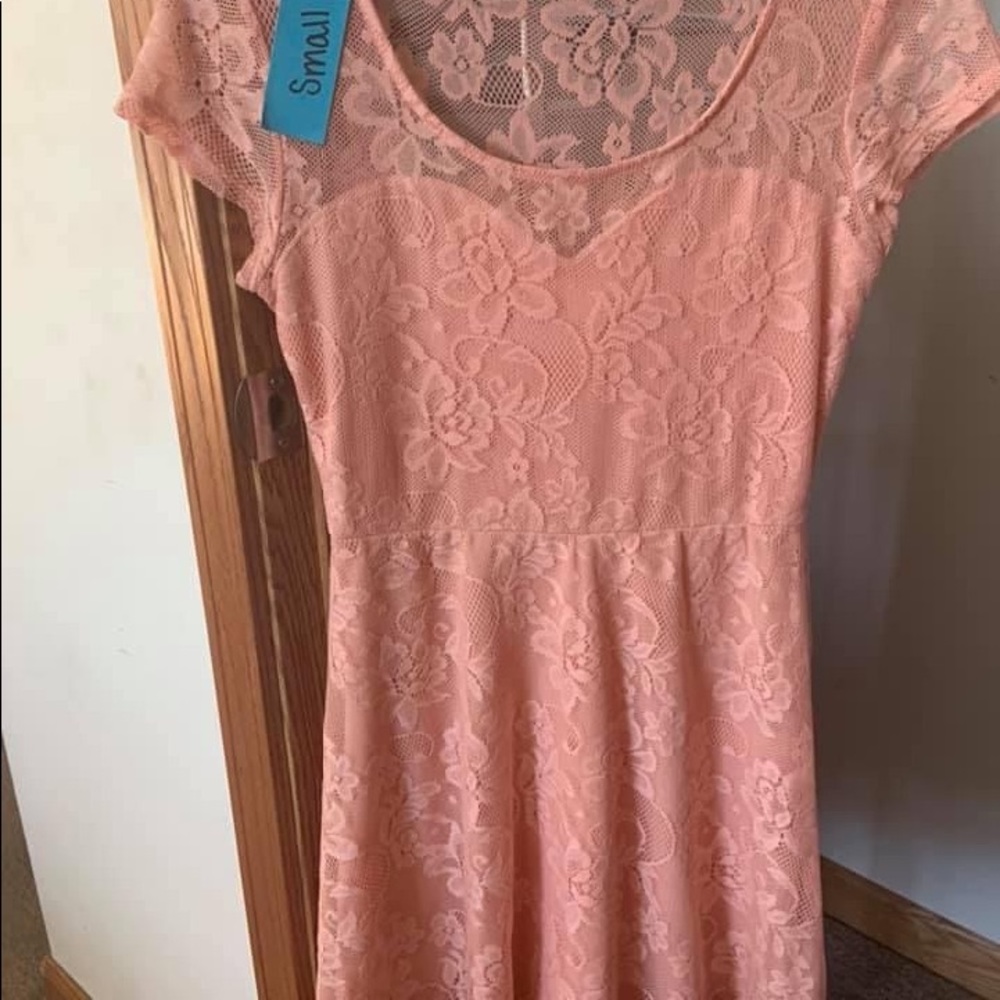 Mid thigh length Corral colored lace dress